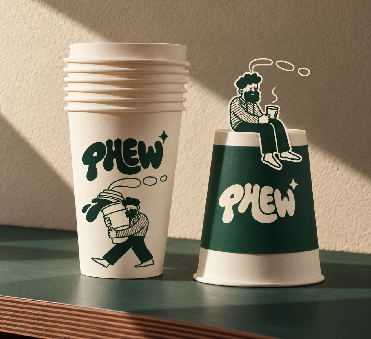 PHEW's green and cream coffee cups with playful illustrated characters.